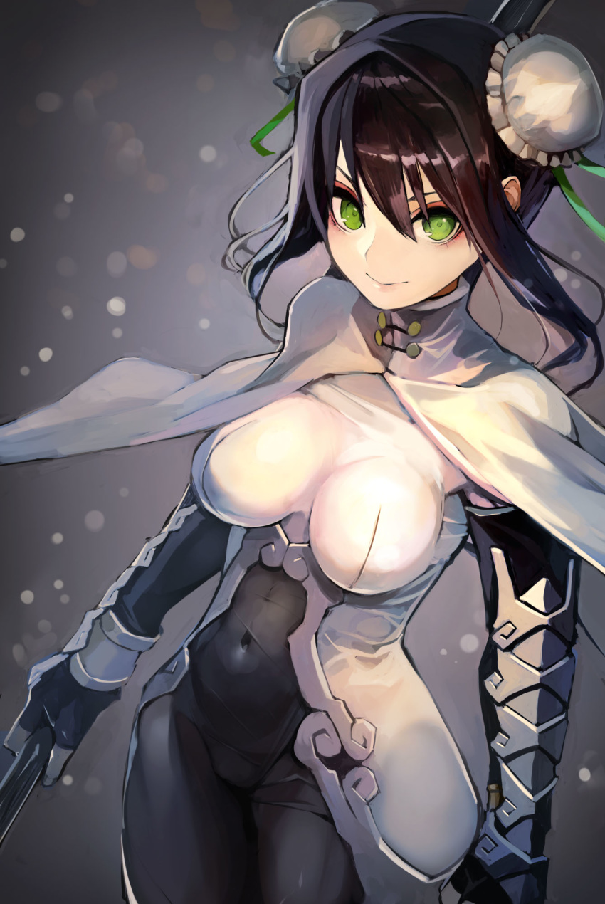 1girl black_gloves black_hair bodysuit breasts commentary_request covered_navel double_bun eyes_closed fate/grand_order fate_(series) fingerless_gloves gloves green_eyes green_ribbon hair_between_eyes hair_ribbon highres looking_at_viewer qin_liangyu_(fate) ribbon short_hair smile solo taishi_(picchiridou)