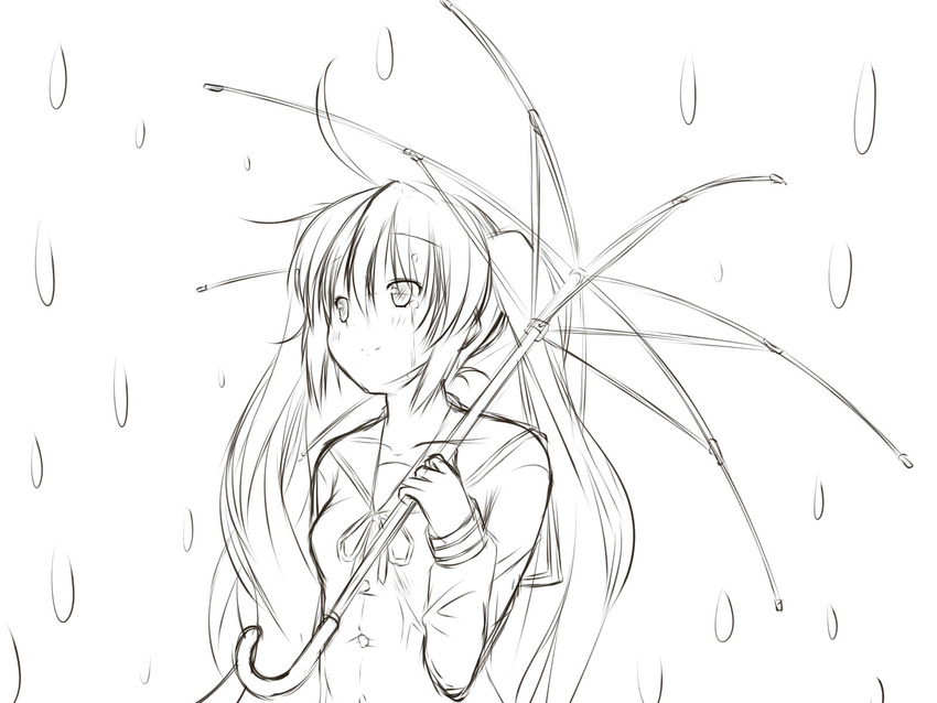 hatsune_miku highres lineart long_hair monochrome rain sketch solo twintails umbrella vocaloid yuzuki_kei