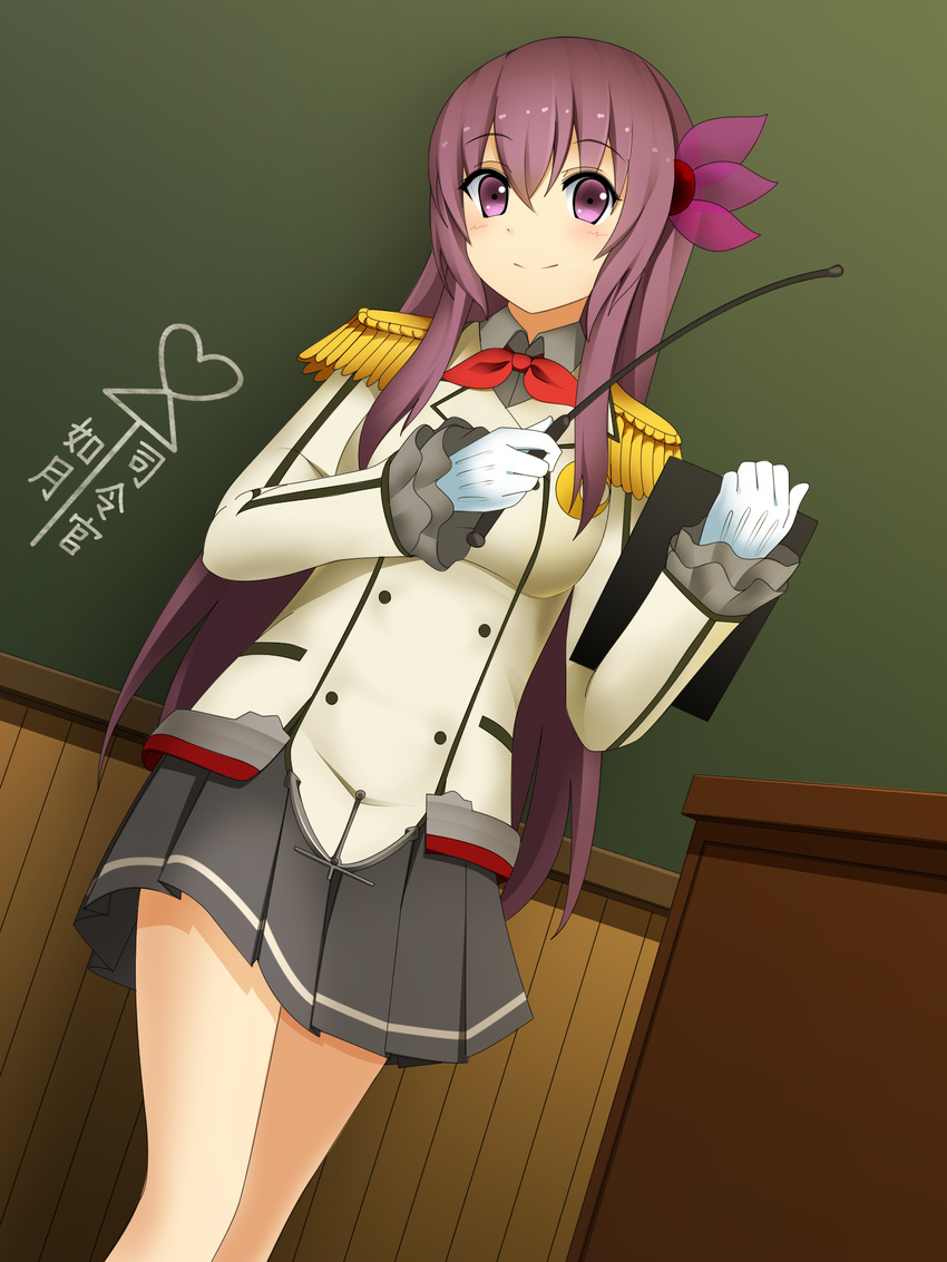 ai_ai_gasa alternate_costume brown_eyes brown_hair chalkboard cosplay dutch_angle epaulettes from_below gloves hair_ornament highres holding kantai_collection kashima_(kantai_collection) kashima_(kantai_collection)_(cosplay) kisaragi_(kantai_collection) long_hair looking_at_viewer military military_uniform miniskirt pleated_skirt riding_crop skirt smile solo translated uniform white_gloves yakitori_(oni)