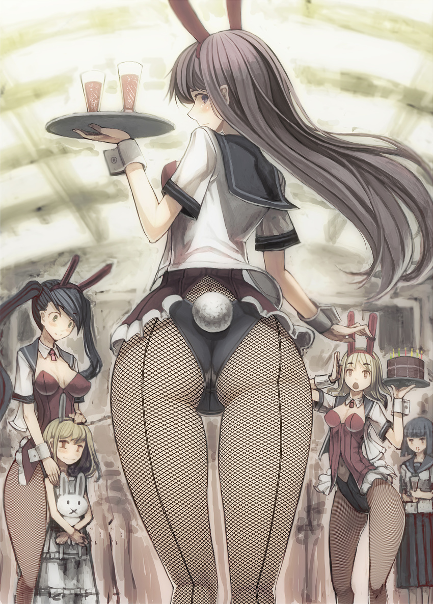 absurdres animal_ears ass black_hair blonde_hair blood blue_eyes blush breasts bunny bunny_ears bunny_girl bunny_tail bunnysuit cake ceiling choker contrapposto fishnet_pantyhose fishnets food glass highres long_hair looking_back looking_down medium_breasts multiple_girls navel nosebleed original pantyhose red_eyes school_uniform short_hair standing tail tefec tray wrist_cuffs