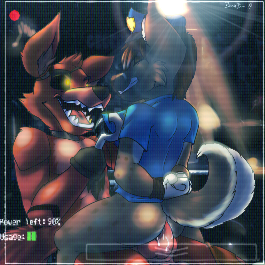 animatronic bashbl-ux bottomless canine clothed clothing five_nights_at_freddy's fox foxy_(fnaf) glowing glowing_eyes half-dressed hyusky machine male mammal penis robot video_games