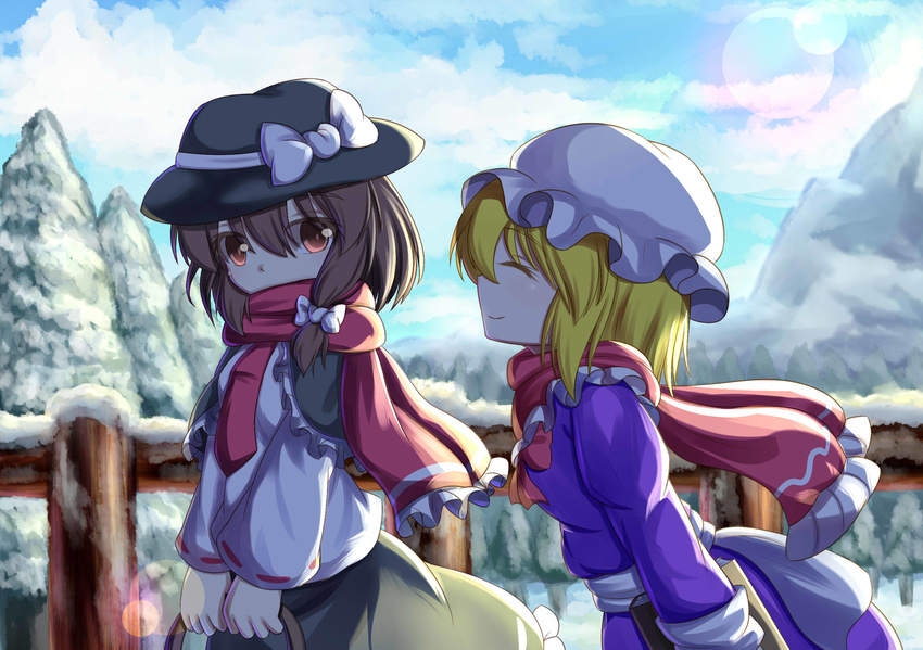^_^ backlighting basket black_skirt blonde_hair blue_sky blush book bow bowtie brown_hair capelet carrying closed_eyes cloud covered_mouth day dior-zi dress fedora fence fir_tree frilled_hat frills hair_between_eyes hair_bow hair_over_shoulder hat hat_bow highres holding holding_book leaning_forward lens_flare long_sleeves looking_at_another looking_back maribel_hearn mob_cap mountain multiple_girls necktie orange_eyes outdoors profile purple_dress red_bow red_eyes red_neckwear red_scarf ribbon-trimmed_sleeves ribbon_trim sash scarf shirt short_hair skirt sky smile snow sunlight touhou tree usami_renko white_bow white_shirt