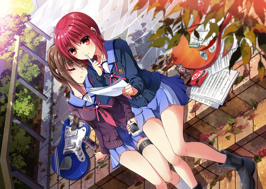 angel_beats! ankle_boots bangs black_footwear blue_skirt boots box brand_name_imitation brown_hair cable can cardigan closed_mouth digital_media_player dutch_angle earphones electric_guitar eyebrows eyebrows_visible_through_hair finger_to_mouth guitar hisako_(angel_beats!) holding holding_paper instrument iwasawa kitkat leaf leaning_on_person leaning_to_the_side long_sleeves looking_at_viewer miniskirt multiple_girls outdoors paper parted_lips pavement pleated_skirt railing red_eyes red_hair school_uniform serafuku shade shared_earphones sheet_music short_hair shushing sitting sitting_on_stairs skirt sleeping smile soda_can stairs tazu thigh_strap tree