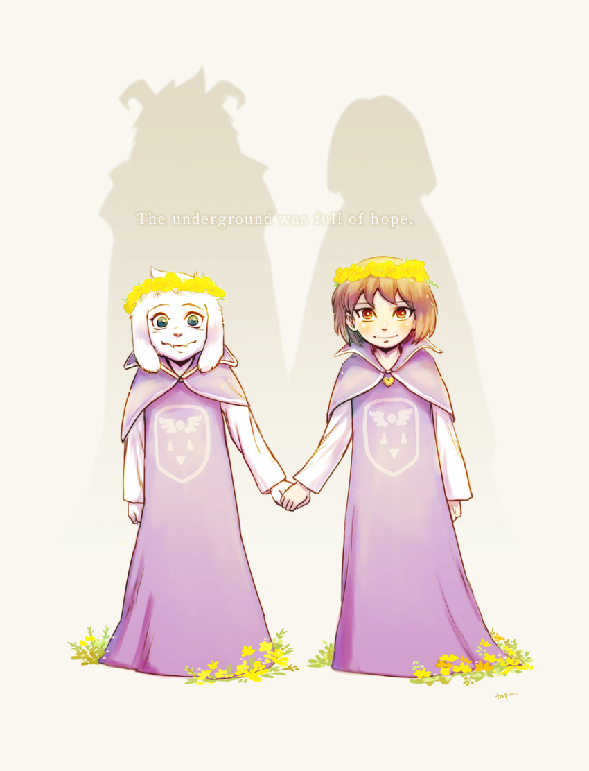 androgynous asriel_dreemurr blue_eyes brown_eyes brown_hair chara_(undertale) coil different_shadow english fangs flower flower_wreath furry hair_flower hair_ornament head_wreath heart heart_necklace highres holding_hands jewelry looking_at_viewer monster_boy necklace robe silhouette smile spoilers teeth tenperu_tapio undertale