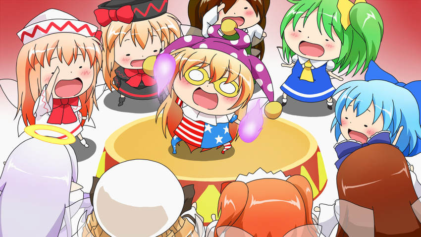 :d american_flag_dress blonde_hair blue_hair brown_hair cirno clownpiece daiyousei drill_hair dual_persona green_hair halo hat himouto!_umaru-chan jester_cap lily_black lily_white long_hair luna_child multiple_girls open_mouth parody short_hair side_ponytail silver_hair smile star_sapphire sunny_milk ten'yoku touhou trait_connection twintails wings zombie_fairy