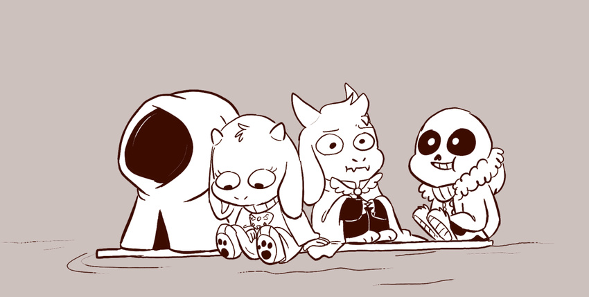 2015 anthro asgore_dreemurr bone boss_monster caprine chibi female goat male mammal mudkipful river_person_(undertale) sans_(undertale) sitting skeleton smile toriel undertale video_games water