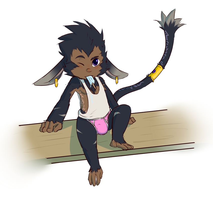 alvaro anthro barefoot big_ears briefs bulge clothing digital_media_(artwork) fan_character food front_view furfit league_of_legends male mammal one_eye_closed pecs pink_underwear popsicle reclining shirt sitting solo tail_ring tank_top underwear video_games yordle