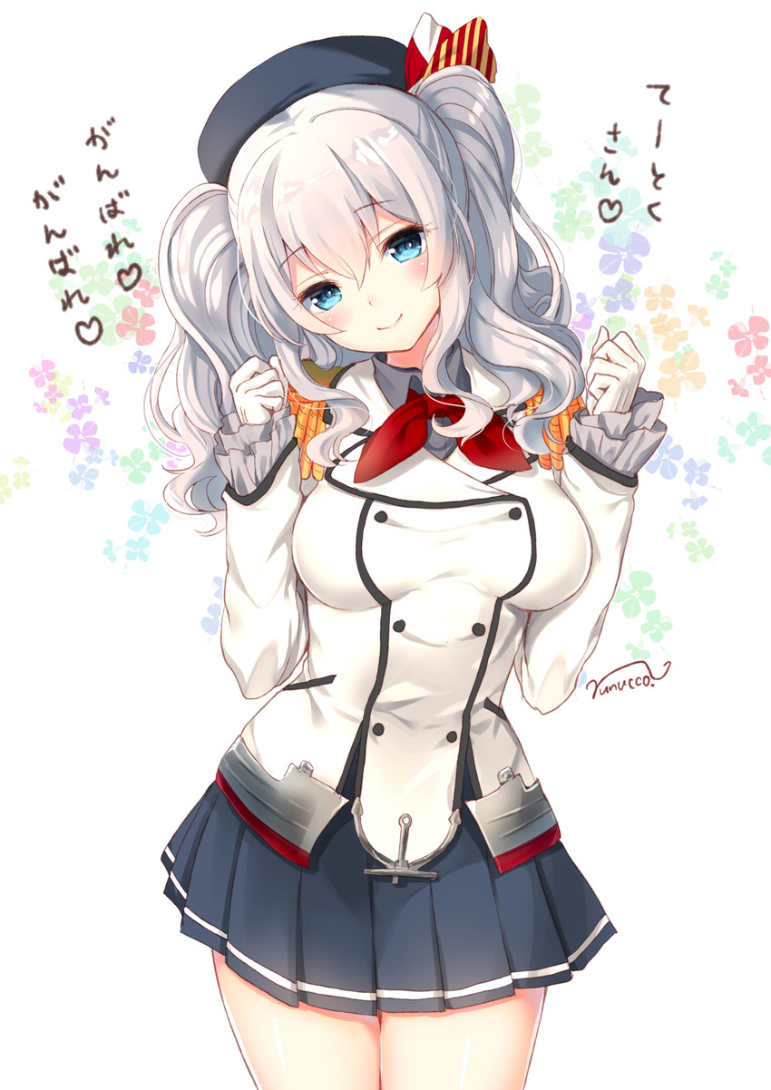 absurdres bad_id bad_twitter_id blue_eyes breasts cowboy_shot floral_background gloves hat head_tilt highres jacket kantai_collection kashima_(kantai_collection) large_breasts long_hair long_sleeves looking_at_viewer military military_uniform miniskirt nunucco pleated_skirt shirt silver_hair skirt smile solo thighs translated twintails uniform white_gloves