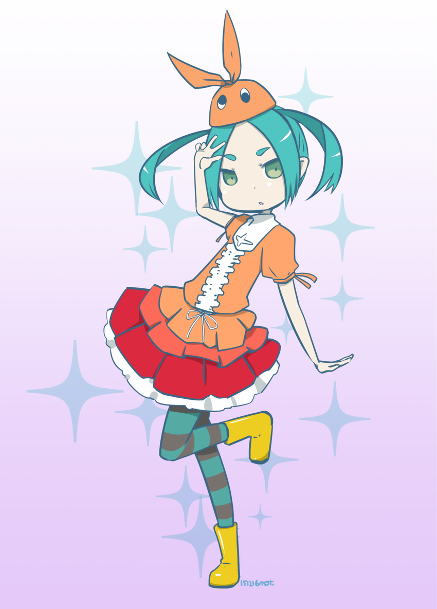 aqua_hair boots eyebrows green_eyes hat highres monogatari_(series) mot_(anticycle) nisemonogatari ononoki_yotsugi pantyhose pose short_hair solo striped striped_legwear twintails v