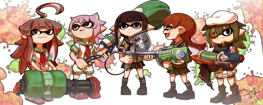 aerospray_(splatoon) ahoge commentary eyepatch game_console giant_brush gloves gun hat heavy_splatling_(splatoon) highres huge_ahoge inkbrush_(splatoon) inkling kantai_collection kiso_(kantai_collection) kitakami_(kantai_collection) kuma_(kantai_collection) long_hair multiple_girls ooi_(kantai_collection) open_mouth paint_splatter paintbrush pointy_ears remodel_(kantai_collection) ryuuto_(ryutopia) school_uniform serafuku shoes short_hair skirt smile splatoon_(series) splatoon_1 splattershot_jr_(splatoon) splattershot_pro_(splatoon) super_soaker tama_(kantai_collection) tentacle_hair water_gun weapon wii_u