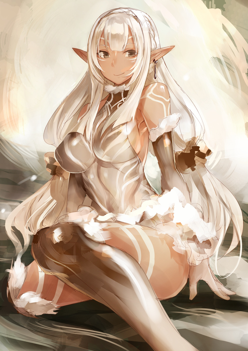 armpits bare_shoulders boots breasts brown_eyes dark_skin elbow_gloves elf fur gloves hairband highres large_breasts leotard long_hair looking_at_viewer looking_to_the_side original pointy_ears ricci sidelocks sitting sketch smile solo tattoo thighhighs very_long_hair white_hair