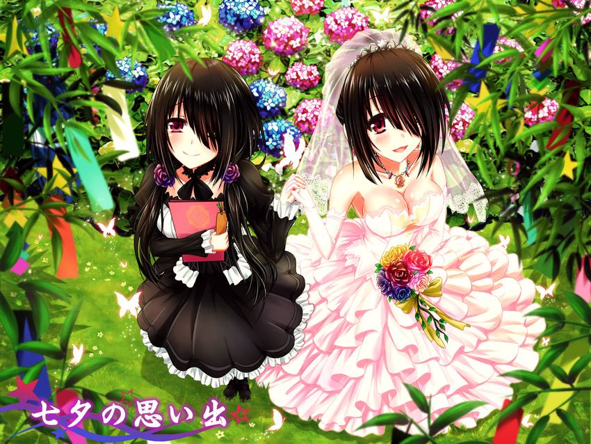 black_hair blue_flower blue_rose book breasts cleavage date_a_live dress dual_persona flower from_above gothic_lolita hair_ornament hair_over_one_eye heterochromia highres holding holding_book holding_flower holding_hands hydrangea interlocked_fingers jewelry lolita_fashion long_hair looking_at_viewer md5_mismatch medium_breasts multiple_girls necklace outdoors pink_dress pink_wedding_dress red_eyes red_flower red_rose rose smile strapless strapless_dress tanabata tanzaku tokisaki_kurumi tsubasaki wedding_dress yellow_flower yellow_rose