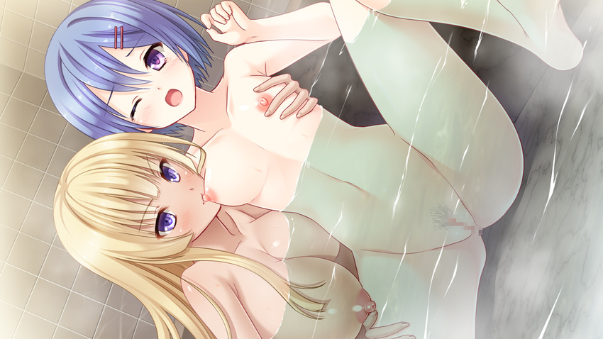 blonde_hair blue_hair blush breast_sucking breasts censored flat_chest game_cg hair_ornament hairclip kusuki_midori large_breasts long_hair mosaic_censoring multiple_girls nipples ojou-sama_wa_katai_no_ga_osuki! open_mouth partially_submerged pubic_hair purple_eyes saxasa_kisuk shigurezawa_shouko short_hair sitting spread_legs tears water wince yuri yuuki_rika