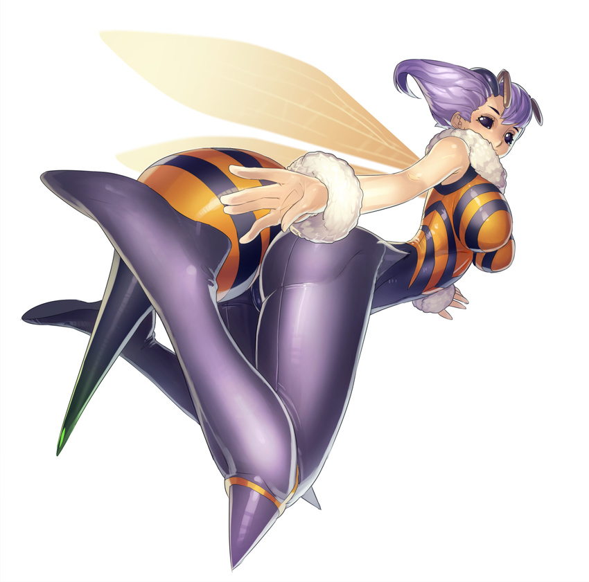 absurdres antennae ass bangs bee_girl boots breasts cameltoe fengmo flipped_hair full_body fur_trim highres insect_girl insect_wings large_breasts leotard looking_at_viewer pantyhose purple_eyes purple_hair purple_legwear q-bee short_hair simple_background sleeveless solo spikes vampire_(game) white_background wings wrist_cuffs