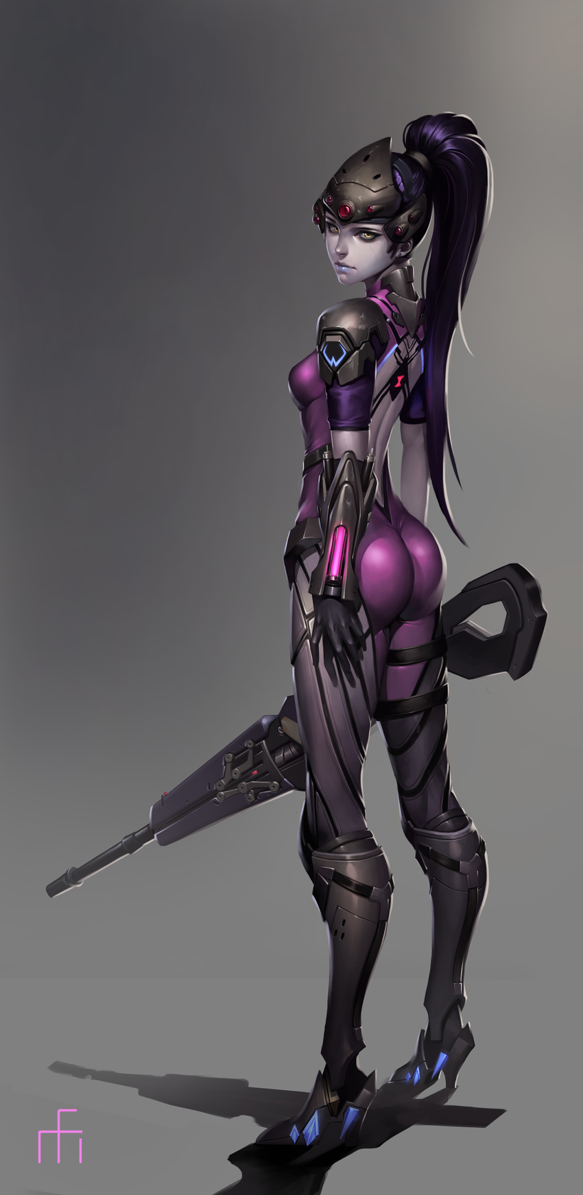 absurdres arms_at_sides ass back black_gloves blue_lips bodysuit boots breasts full_body gloves glowing gradient gradient_background grey_background head_mounted_display headgear high_heels highres holding holding_weapon jayjiwoo_park legs_apart long_hair overwatch pink_bodysuit ponytail purple_hair purple_skin shadow signature small_breasts solo standing thigh_strap very_long_hair visor weapon widowmaker_(overwatch) yellow_eyes