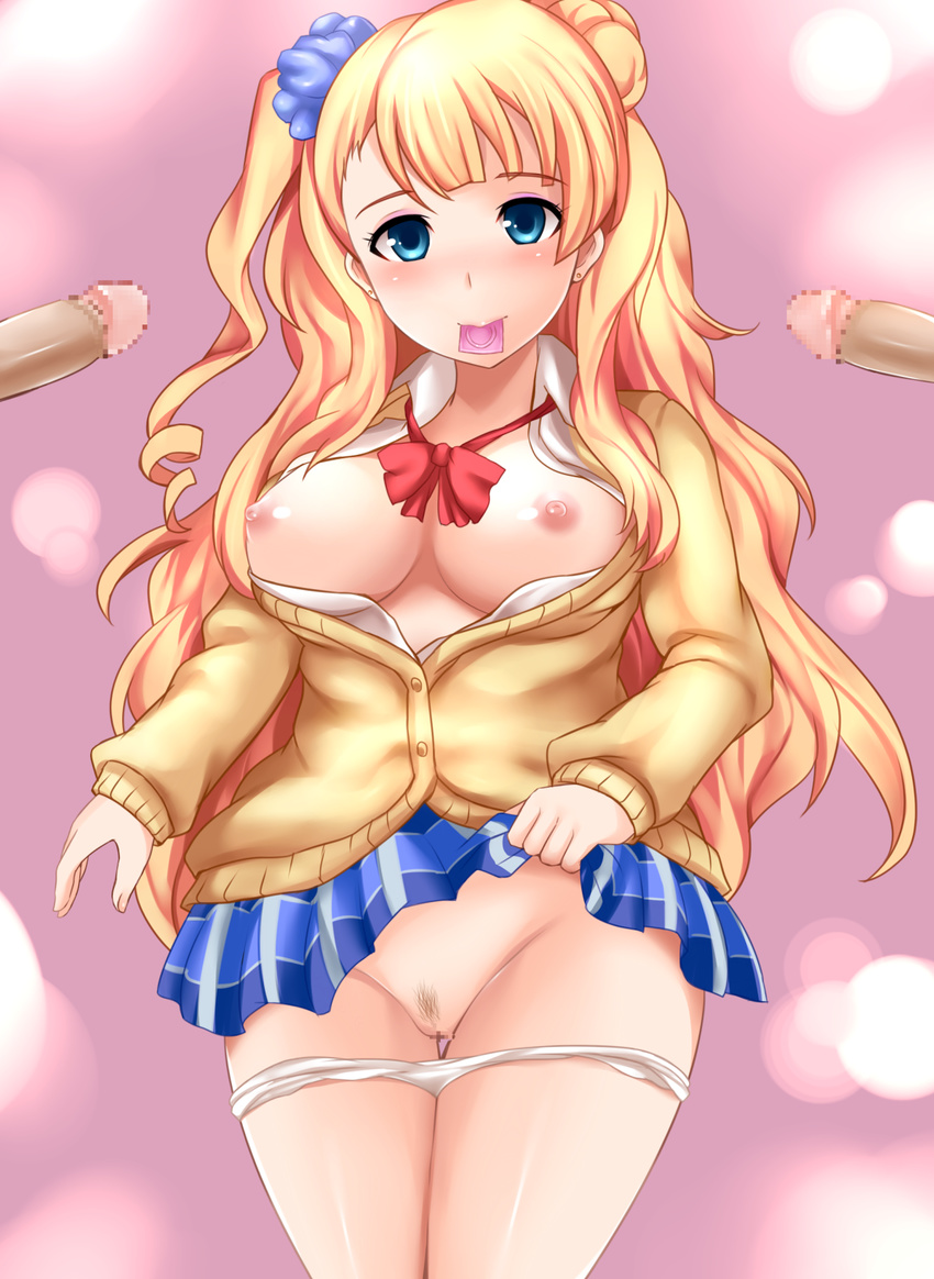 2boys asymmetrical_hair blonde_hair blue_eyes blush breasts breasts_outside cardigan censored condom condom_in_mouth earrings galko hetero highres jewelry large_breasts long_hair looking_at_viewer mouth_hold multiple_boys multiple_penises nipples one_side_up open_cardigan open_clothes open_shirt oshiete!_galko-chan panties panty_pull penis pubic_hair pussy school_uniform scrunchie shirt side_bun skirt skirt_lift smile solo_focus underwear yoshimo