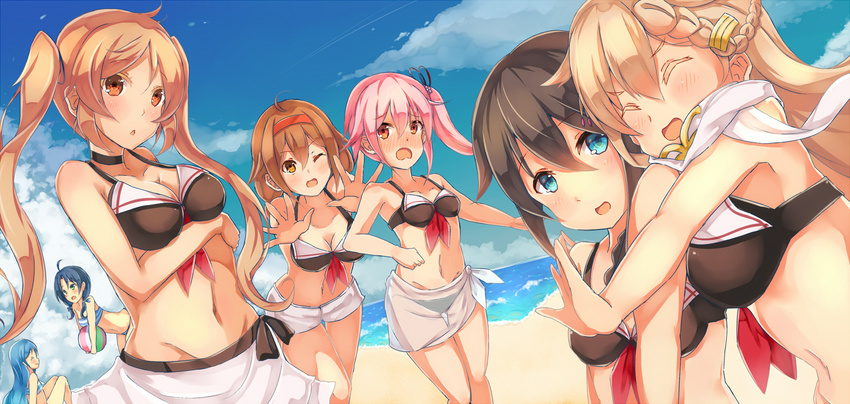 ^_^ ahoge alternate_costume ball bangs bare_shoulders beach beachball bikini black_bikini blonde_hair blue_eyes blue_hair blush braid breast_rest breasts brown_eyes brown_hair closed_eyes cloud commentary day gradient_hair green_eyes hair_flaps hair_ornament hair_ribbon hairband hairclip harusame_(kantai_collection) highres kantai_collection knees_up large_breasts long_hair looking_at_viewer low_twintails multicolored_hair multiple_girls murasame_(kantai_collection) natsu_narumi navel no_hat no_headwear one_eye_closed open_hand open_mouth outdoors pink_hair ponytail red_eyes red_hairband remodel_(kantai_collection) ribbon sailor_bikini sailor_collar samidare_(kantai_collection) sand scarf shigure_(kantai_collection) shiratsuyu_(kantai_collection) short_hair shorts side_ponytail single_braid sitting sky smile straight_hair suzukaze_(kantai_collection) swept_bangs swimsuit twintails very_long_hair water white_scarf yuudachi_(kantai_collection)