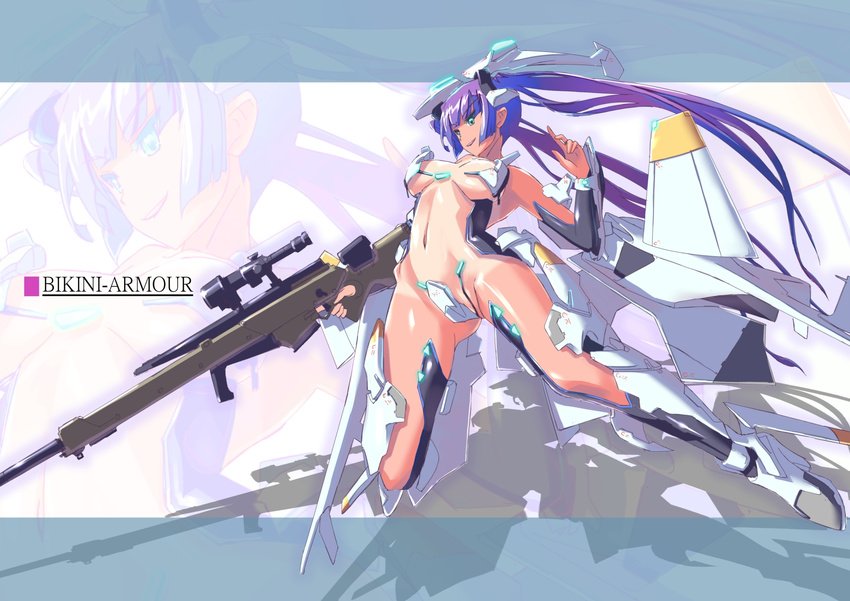 armor armpits ass_visible_through_thighs bikini_armor elbow_gloves gloves gun highres long_hair multicolored_hair navel nenchi purple_hair rifle scope smile solo tan tanline twintails two-tone_hair very_long_hair weapon