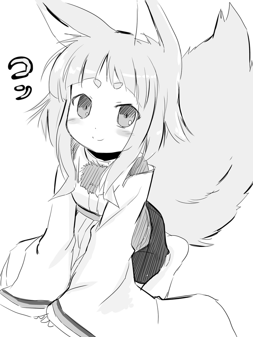 animal_ear_fluff animal_ears bad_id bad_pixiv_id fox_ears greyscale highres kneeling kon_(tokyo_ravens) long_tail monochrome saezuru_usagi short_hair smile solo tail tokyo_ravens