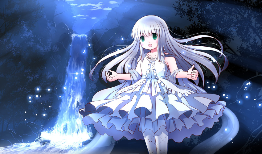 dress forest green_eyes highres lolita_fashion long_hair nature night open_mouth original outstretched_arms pantyhose risutaru silver_hair sky smile solo very_long_hair water waterfall white_dress white_legwear