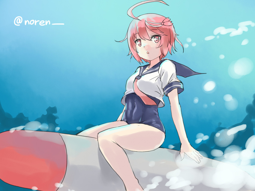 ahoge air_bubble bangs bubble chestnut_mouth covered_navel crop_top eyebrows eyebrows_visible_through_hair hair_between_eyes hair_ornament haru_(renol) highres huge_ahoge i-58_(kantai_collection) kantai_collection necktie one-piece_swimsuit petals pink_eyes pink_hair pink_neckwear riding sailor_collar_lift school_swimsuit school_uniform serafuku short_hair short_sleeves signature sitting sketch solo swimsuit swimsuit_under_clothes torpedo twitter_username underwater