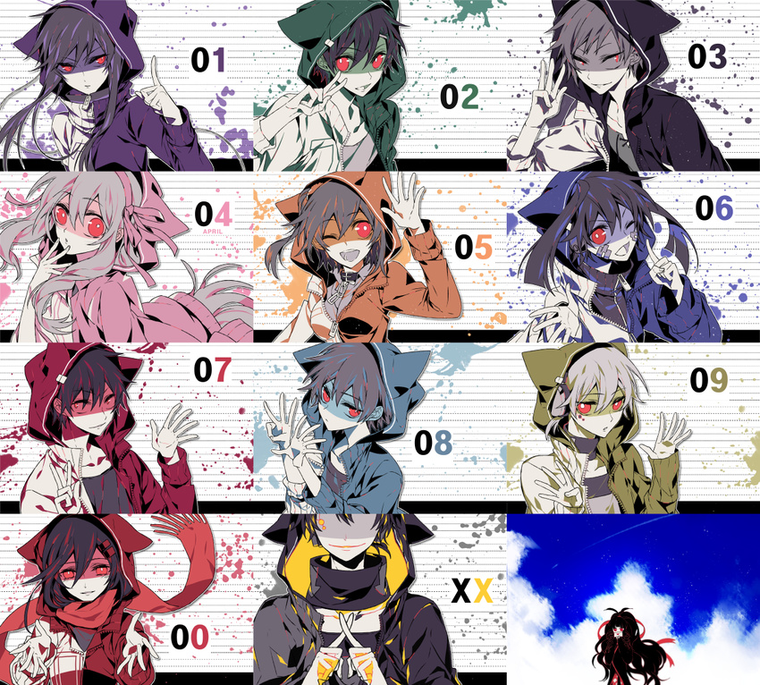 6+girls adapted_costume amamiya_hibiya azami_(kagerou_project) black_hair dark_konoha daze_(kagerou_project) ene_(kagerou_project) headphones hood hoodie kagerou_project kano_shuuya kido_tsubomi kisaragi_momo kisaragi_shintarou konoha_(kagerou_project) kozakura_marry long_hair multiple_boys multiple_girls paint_splatter red_eyes red_scarf scarf seto_kousuke short_hair tateyama_ayano vkekrdhs