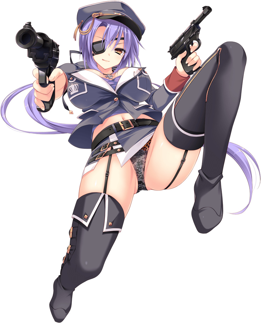 angelica_kamira_erland breasts cleavage dual_wielding eyepatch foreshortening full_body gun handgun hat highres holding jewelry large_breasts long_hair long_sleeves looking_at_viewer love_love_princess midriff miniskirt navel necklace pistol revolver shiny shiny_skin skindentation skirt solo thighhighs transparent_background underwear very_long_hair walther walther_p38 weapon wori yellow_eyes