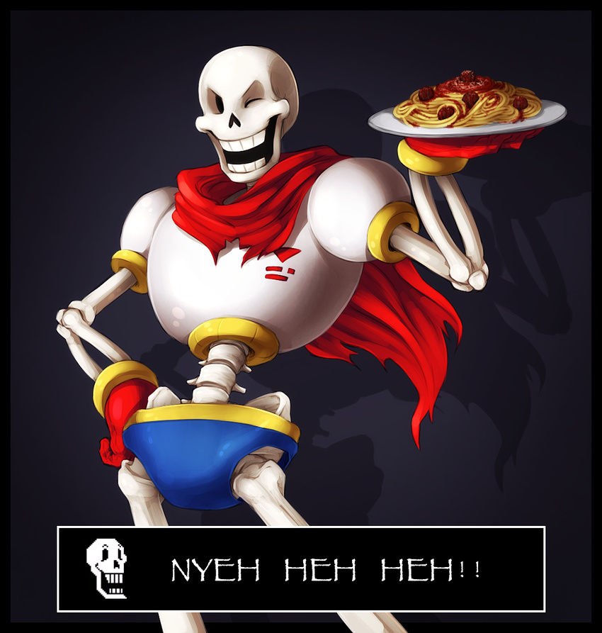 :d armor food gloves hand_on_hip highres holding holding_plate male_focus meatball one_eye_closed open_mouth papyrus_(font) papyrus_(undertale) pasta plate rb_(sparkleee-sprinkle) red_scarf scarf skeleton smile solo spaghetti spaghetti_and_meatballs undertale