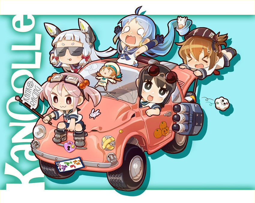 &gt;_&lt; :3 batsubyou bird bunny car cat chaki_(teasets) chibi closed_eyes driving eyewear_on_head failure_penguin fairy_(kantai_collection) fiat fiat_500 flag food fruit fubuki_(kantai_collection) goggles goggles_on_head ground_vehicle hat heart_lock_(kantai_collection) helmet inazuma_(kantai_collection) kantai_collection left-hand_drive lock miss_cloud motor_vehicle multiple_girls murakumo_(kantai_collection) on_vehicle orange penguin riding samidare_(kantai_collection) sazanami_(kantai_collection) school_uniform serafuku sunglasses wacky_races