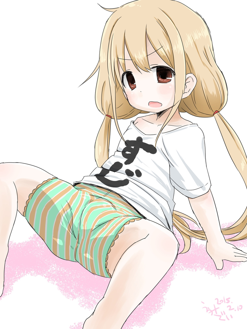 arm_support bad_id bad_pixiv_id bike_shorts brown_eyes brown_hair cameltoe clothes_writing futaba_anzu highres idolmaster idolmaster_cinderella_girls leaning_back long_hair open_mouth saezuru_usagi shirt shorts sitting solo spread_legs striped striped_bike_shorts t-shirt twintails very_long_hair