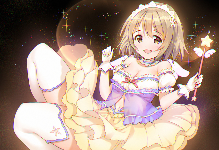 blush breasts brown_eyes brown_hair cleavage dress flower gloves hair_flower hair_ornament highres idolmaster idolmaster_cinderella_girls medium_breasts melty_sweet_(idolmaster) mimura_kanako open_mouth short_hair smile solo takahata_yuki thighhighs wand