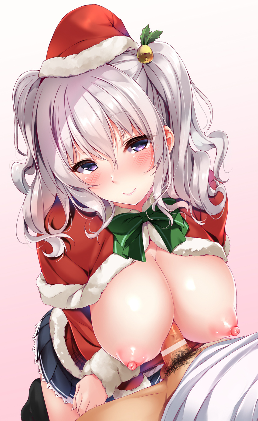 1girl bar_censor blue_eyes blush bow breasts capelet censored christmas hanging_breasts hat hetero highres kantai_collection kashima_(kantai_collection) large_breasts long_hair looking_at_viewer male_pubic_hair md5_mismatch nipples nironiro no_bra paizuri penis perpendicular_paizuri pink_background pubic_hair santa_costume santa_hat silver_hair skirt smile twintails