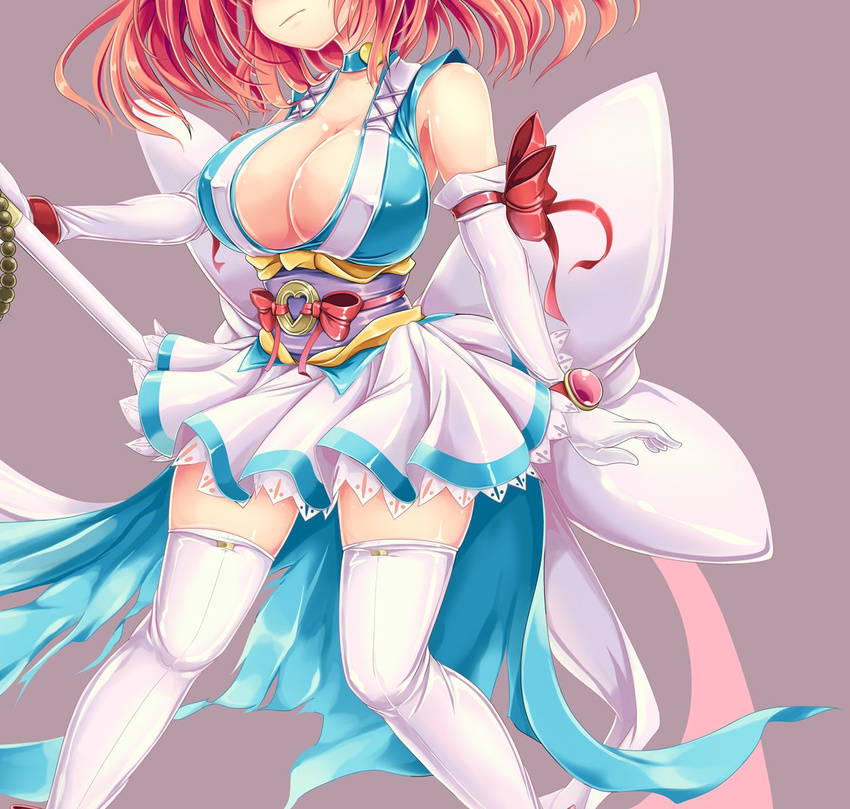 bare_shoulders blush bow breasts cleavage curvy death_angel_komachi elbow_gloves gloves head_out_of_frame ichirino_minagi large_bow large_breasts magical_girl miniskirt obi onozuka_komachi red_hair ribbon sash scythe skirt solo thighhighs torn_clothes touhou wide_hips