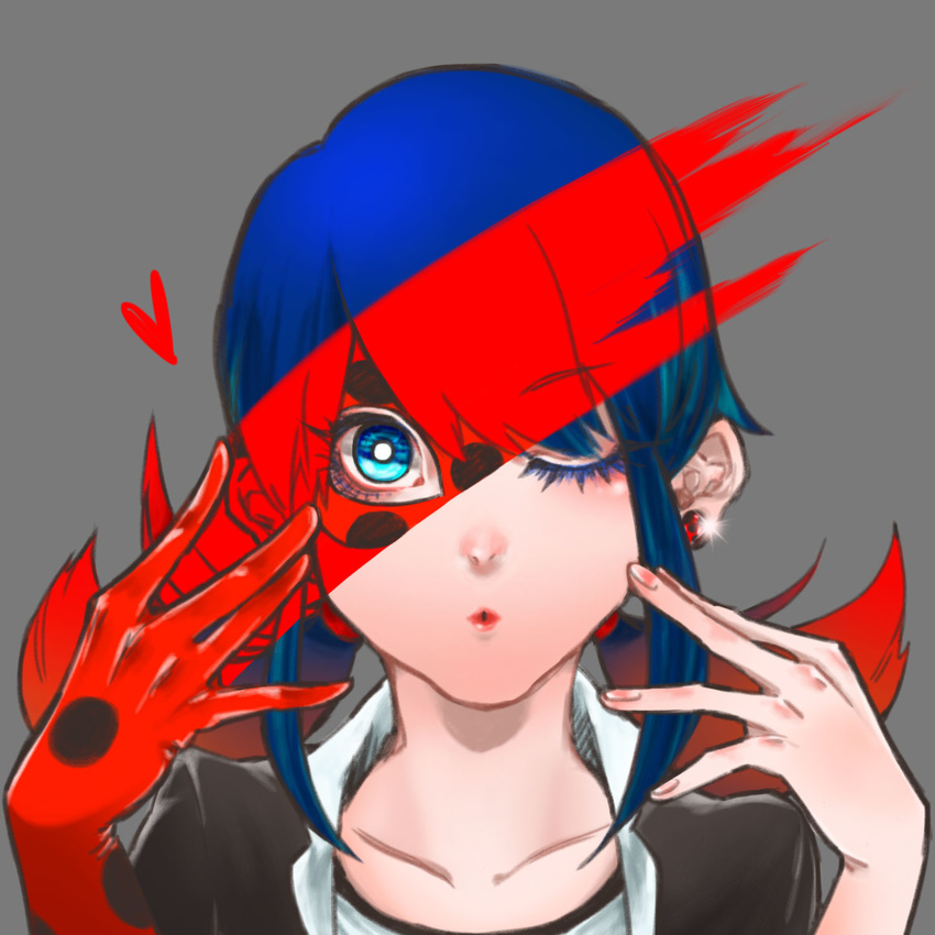 blue_eyes blue_hair earrings eyelashes face gloves grey_background highres jewelry joker_(joker_sin) ladybug_(character) lips looking_at_viewer marinette_dupain-cheng miraculous_ladybug one_eye_closed polka_dot puckered_lips revealing_cutout school_uniform single_glove solo stud_earrings