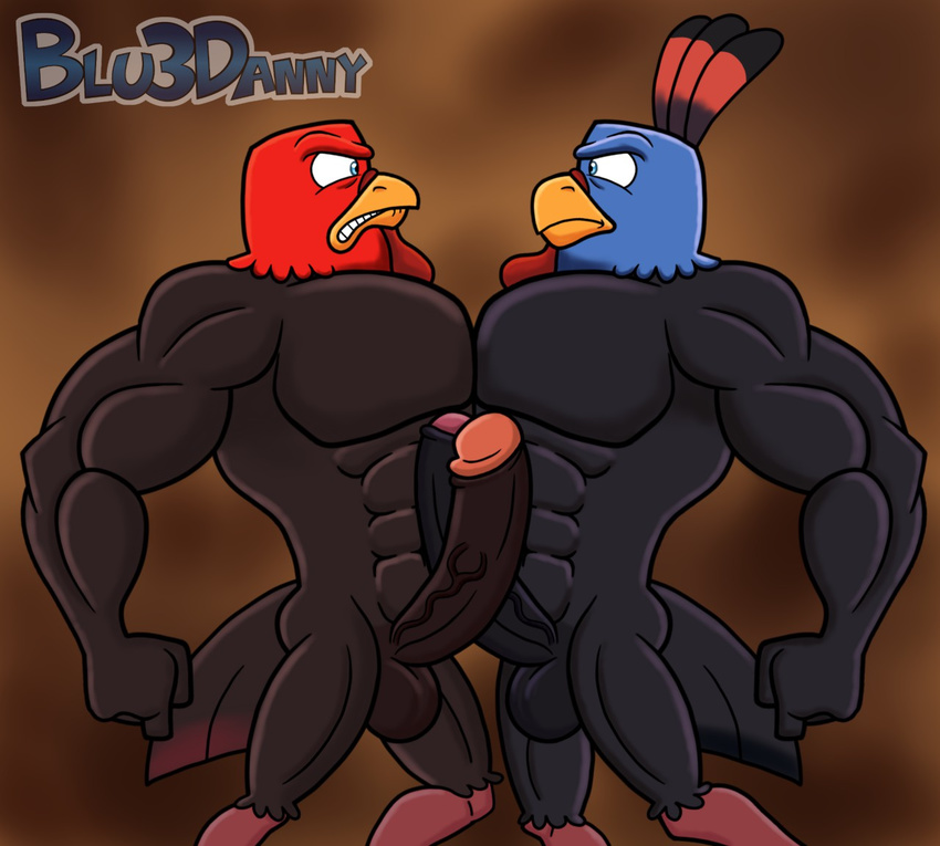 2015 abs anthro avian balls beak biceps big_balls big_muscles big_penis bird blu3danny cock_fight duo erection eye_contact feathers free_birds humanoid_penis jake_(free_birds) male muscular pecs penis ranger_(free_birds) sword_fight teeth turkey uncut vein