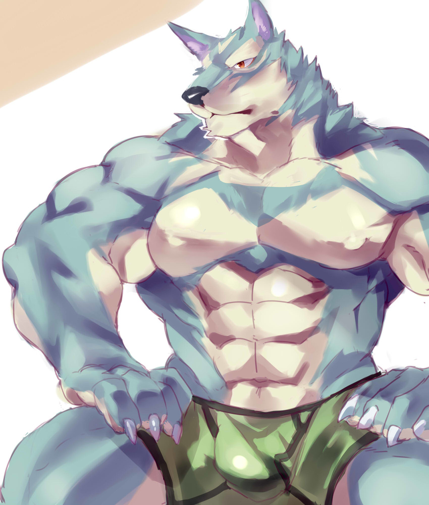 abs anthro biceps big_muscles black_nose blue_fur boxers_(clothing) bulge canine claws clothed clothing dog dubudubudubudub fur half-dressed hi_res male mammal muscular orange_eyes pecs simple_background sitting solo topless underwear white_fur