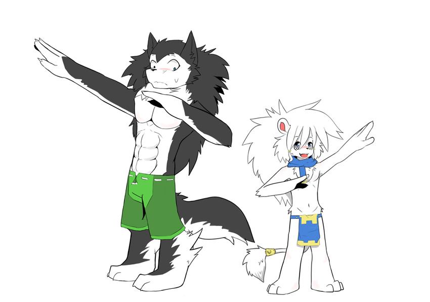 abs barefoot blush canine clothing digitigrade embarrassed featureless_crotch feline front_view leo_(whiteleo) lion loincloth mammal mane muscular nazi_salute open_mouth pecs pose scarf shorts size_difference smile translucent transparent_clothing whiteleo wolf