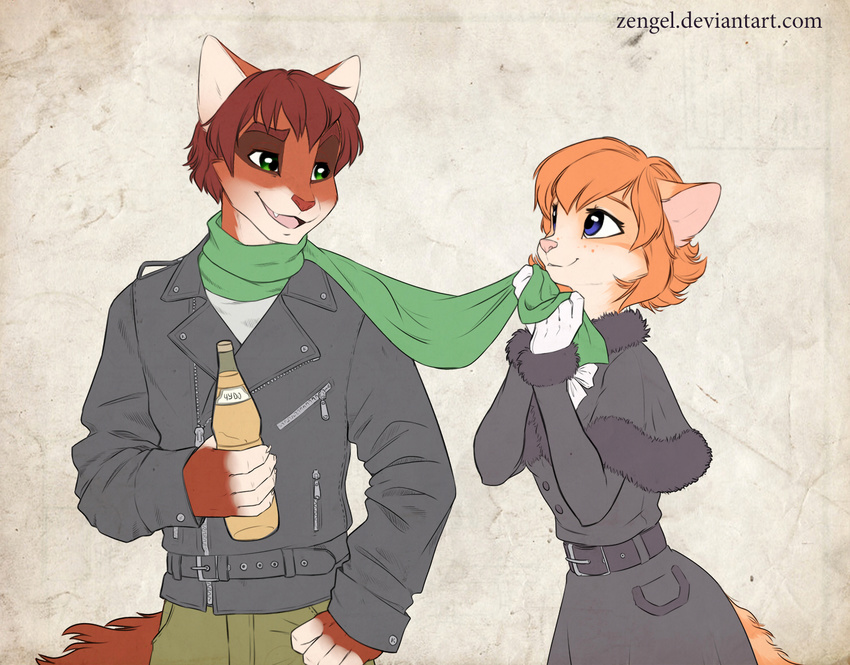 anthro blue_eyes bottle brown_hair cat clothed clothing coat duo feline female freckles ginger_hair gloves green_eyes hair iskra jacket konrad_zengel leather_jacket lynx male mammal scarf smile tabby_cat tender vera_(iskra)