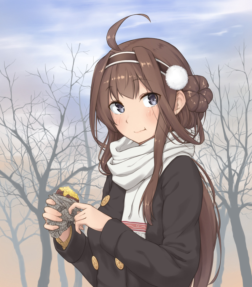 :t ahoge alternate_costume alternate_headwear blush brown_hair casual day downscaled eating enosan eyebrows eyebrows_visible_through_hair food grey_eyes hair_bun hairband highres kantai_collection kongou_(kantai_collection) long_hair looking_at_viewer md5_mismatch outdoors resized scarf sidelocks solo sweet_potato tree upper_body white_scarf winter_clothes yakiimo