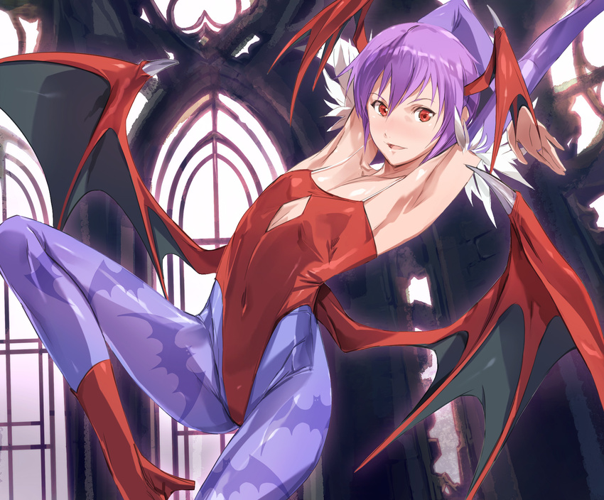 :d akira_(coffee_curry) animal_print argyle_cutout armpits arms_up bat_print bat_wings blush boots collarbone demon_girl detached_sleeves flat_chest hair_between_eyes head_wings highres indoors leotard lilith_aensland looking_at_viewer open_mouth pantyhose print_legwear purple_hair purple_legwear red_eyes red_footwear red_leotard smile solo succubus vampire_(game) window wings