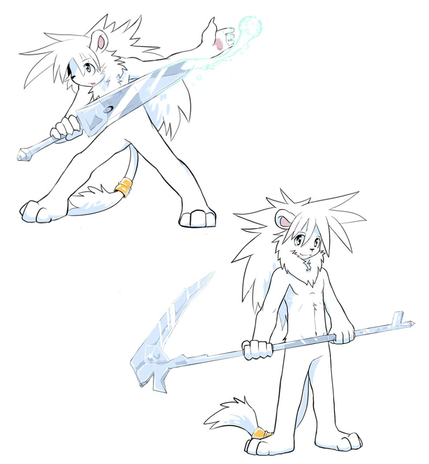 action_pose anthro barefoot featureless_crotch feline hi_res holding_weapon ice leo_(whiteleo) lion looking_at_viewer magic male mammal mane melee_weapon multiple_images navel nude scythe solo standing sword tail_ring weapon whiteleo young