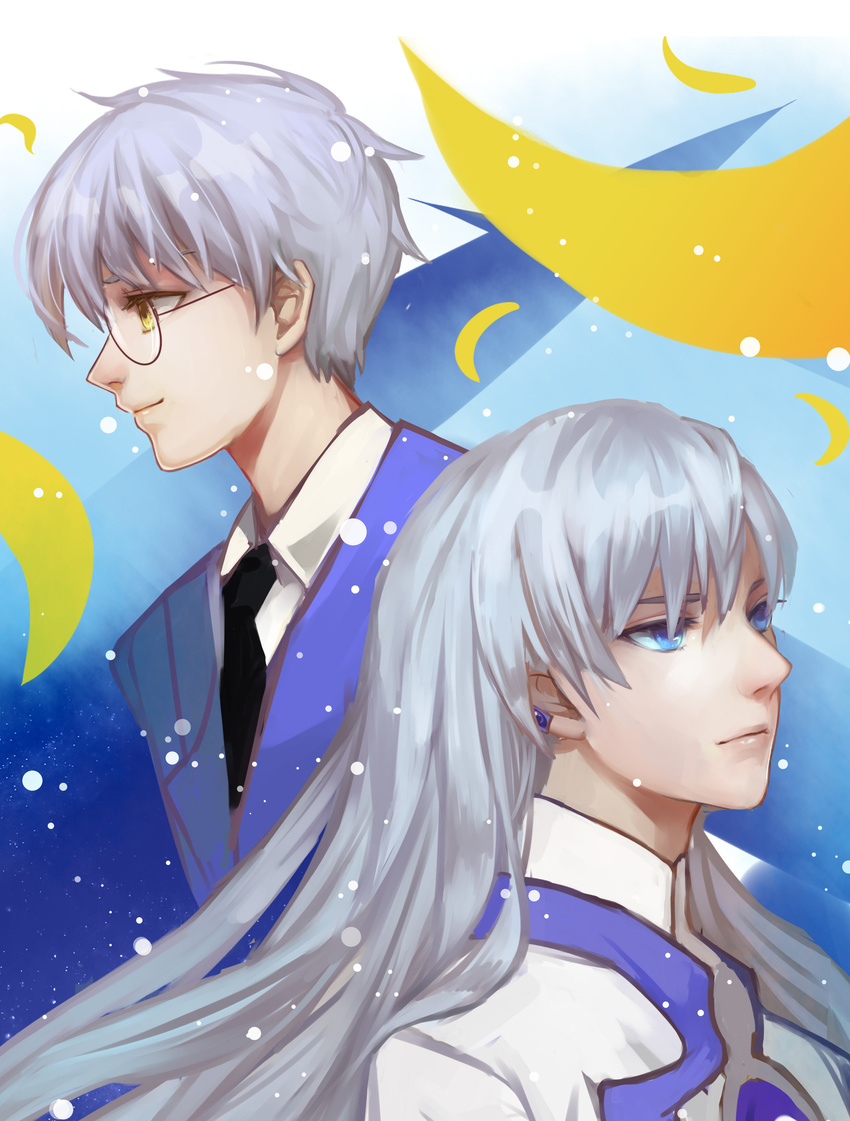 absurdres blue_eyes cardcaptor_sakura cat_(pixiv5891854) dual_persona formal glasses highres long_hair male_focus multiple_boys profile silver_hair spoilers tsukishiro_yukito yellow_eyes yue_(ccs)