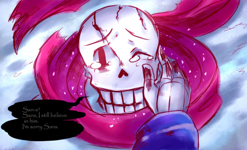 disintegration dying english hand_on_another's_head highres mideater multiple_boys one_eye_closed papyrus_(font) papyrus_(undertale) sans scarf severed_head skeleton spoilers tears undertale