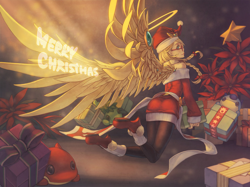 angel angel_wings animal archangel_(p&amp;d) back bare_shoulders black_legwear blonde_hair blue_eyes bow box braid christmas christmas_tree feathered_wings flower flying fur_trim gift gift_box glasses glowing glowing_wings hair_bobbles hair_ornament halo hat high_heels highres holding holding_gift jewelry leg_warmers long_hair long_sleeves looking_at_viewer merry_christmas pantyhose poinsettia pom_pom_(clothes) puzzle_&amp;_dragons red-framed_eyewear red_footwear red_skirt ring rotix santa_costume santa_hat shoes skirt solo star twin_braids wallpaper wings yellow_wings
