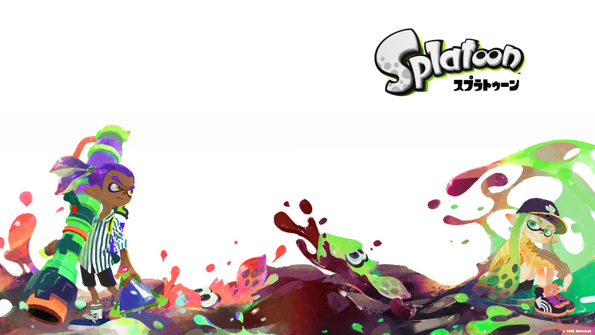 1girl baseball_cap bike_shorts black_footwear black_pants blue_footwear closed_mouth copyright_name dark_skin domino_mask green_eyes green_hair gun hands_on_own_knees hat high_ponytail highres holding holding_gun holding_weapon ink inkling inkzooka_(splatoon) inoue_seita long_hair long_sleeves mask official_art orange_hair pants pointy_ears purple_hair rubber_band shirt shoes shorts simple_background sitting smile sneakers splat_bomb_(splatoon) splatoon_(series) splatoon_1 squid standing striped striped_shirt super_soaker tentacle_hair wallpaper weapon white_background white_legwear