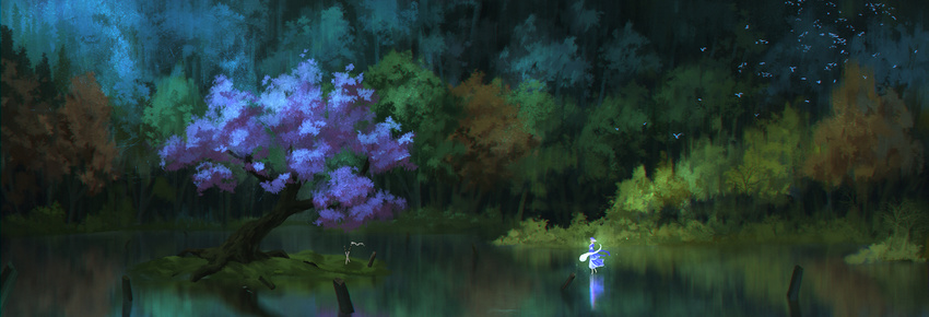 blue_dress bug butterfly dress hat highres hitodama insect japanese_clothes katana landscape long_sleeves mob_cap nature pink_hair ribbon saigyouji_yuyuko sash scenery short_hair solo sword touhou tree veil weapon wide_sleeves zi_ye_(hbptcsg2)