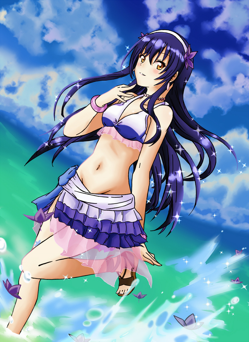 bikini blue_hair brown_eyes day hairband highres long_hair looking_at_viewer love_live! love_live!_school_idol_festival love_live!_school_idol_project natsuiro_egao_de_1_2_jump! navel outdoors solo sonoda_umi swimsuit tawagoto_dukai_no_deshi water