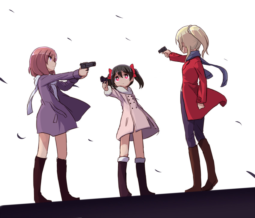 ayase_eli bibi_(love_live!) blonde_hair blue_scarf boots bow brown_footwear coat expressionless firearm fur_trim fuyu_ga_kureta_yokan grey_scarf gun hair_bow handgun knee_boots long_hair looking_at_another love_live! love_live!_school_idol_project mexican_standoff multiple_girls nishikino_maki pants pink_coat ponytail purple_coat red_coat scarf scrunchie shipii_(jigglypuff) standing twintails weapon white_scarf winter_clothes winter_coat yazawa_nico