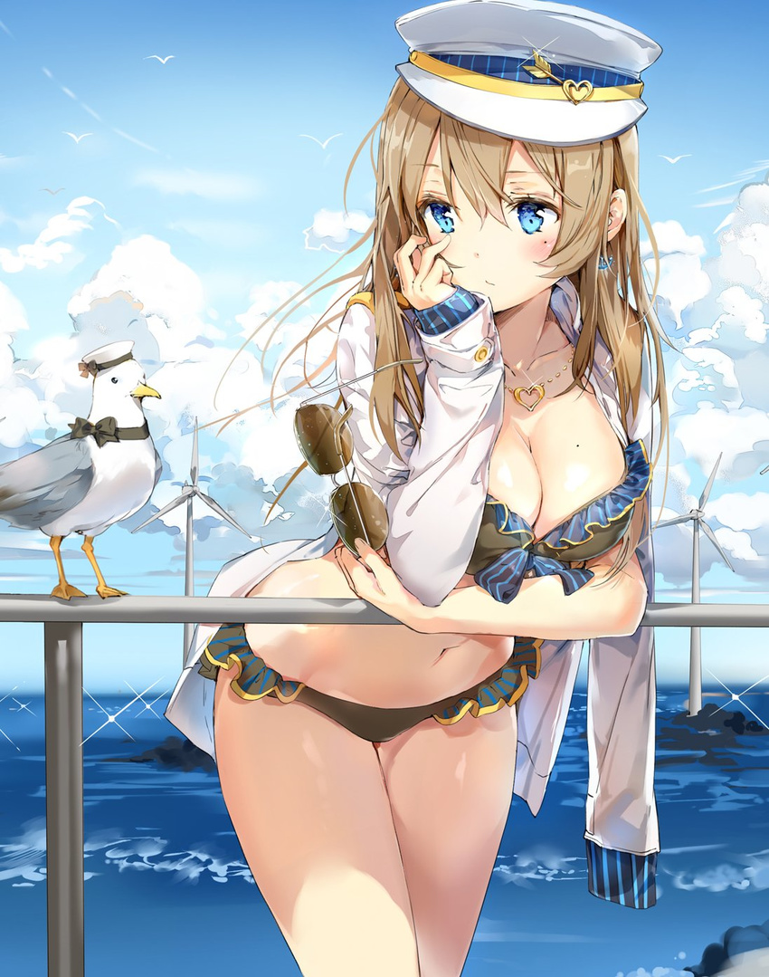 anchor_earrings anmi bikini bird black_bikini blonde_hair blue_eyes blush breasts chin_rest cleavage cloud day earrings eyewear_removed frilled_bikini frills hand_on_own_cheek hand_on_own_face hat heart heart_necklace highres holding holding_eyewear jacket jacket_on_shoulders jewelry large_breasts long_hair looking_away mole mole_on_breast mole_under_eye necklace open_clothes open_jacket original pendant seagull sky solo sunglasses swimsuit water wind_turbine windmill