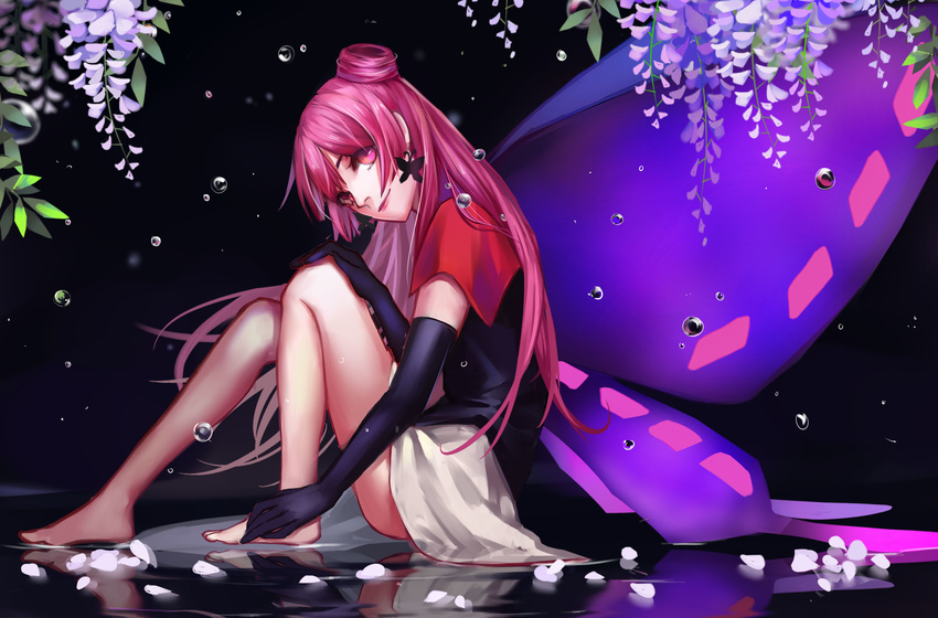 bare_legs barefoot black_gloves butterfly_earrings butterfly_wings cardcaptor_sakura cat_(pixiv5891854) double_bun earrings elbow_gloves flower from_side full_body gloves highres jewelry lipstick long_hair makeup petals pink_eyes pink_hair reflection ruby_moon sitting smile solo very_long_hair water_drop wings wisteria